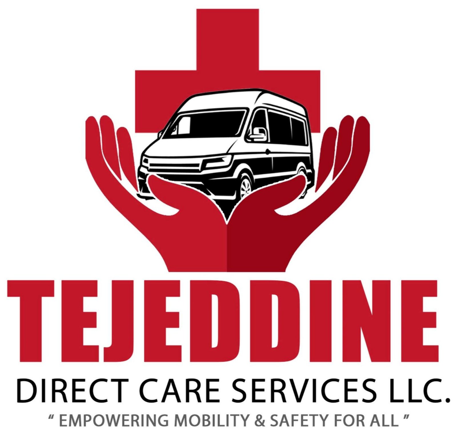 Tajeddine Direct Care Services LLC logo — hands holding a wheelchair-accessible van beneath a medical cross